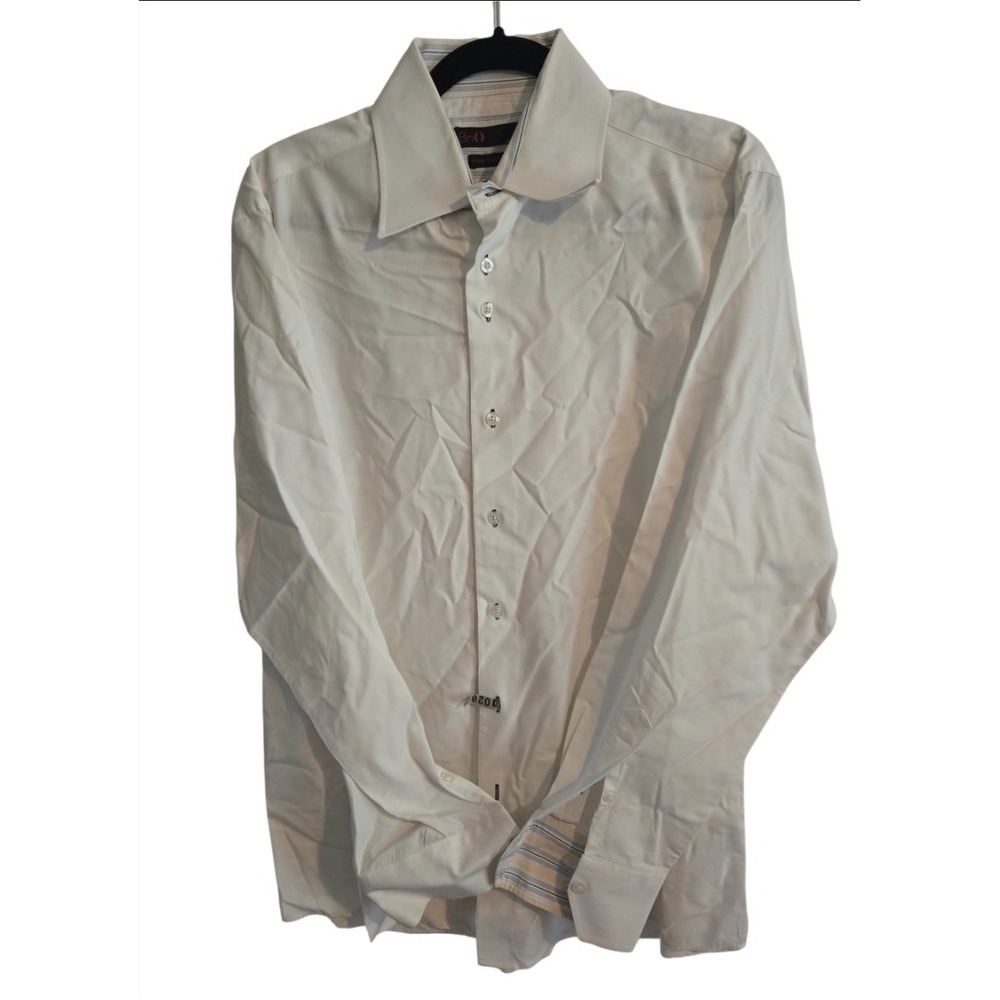 Brio Mens Large 16.5 17 Dress Shirt Off White Cream Cotton Striped Trim...
